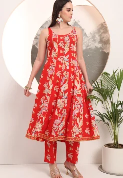 Printed Pure Cotton Anarkali Suit in Red