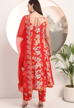 Printed Pure Cotton Anarkali Suit in Red