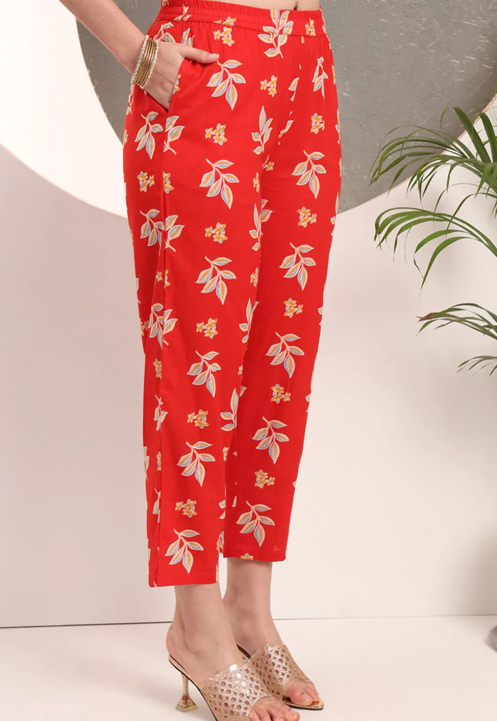 Printed Pure Cotton Anarkali Suit in Red