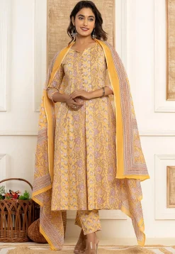 Printed Pure Cotton Anarkali Suit in Yellow