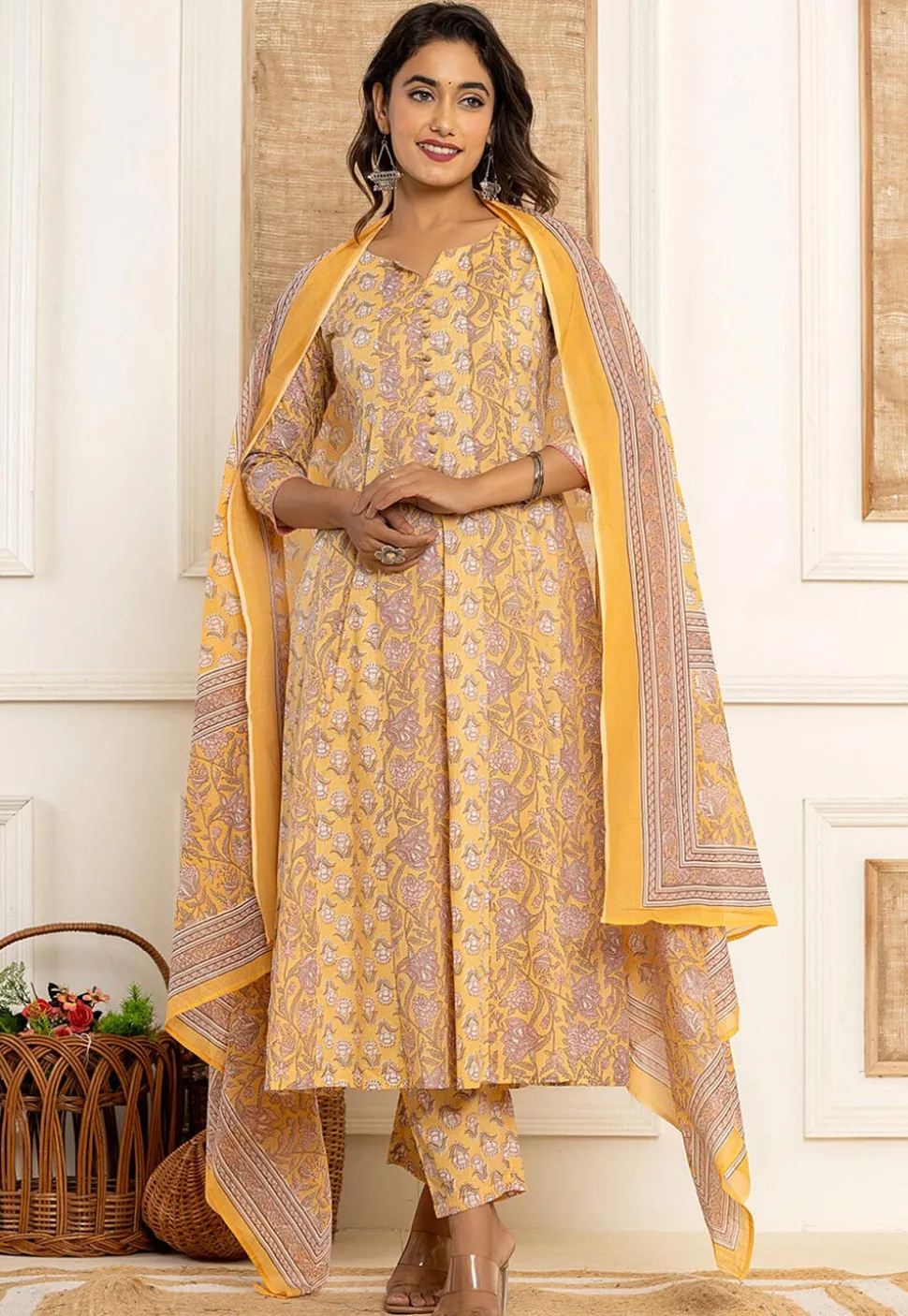 Printed Pure Cotton Anarkali Suit in Yellow