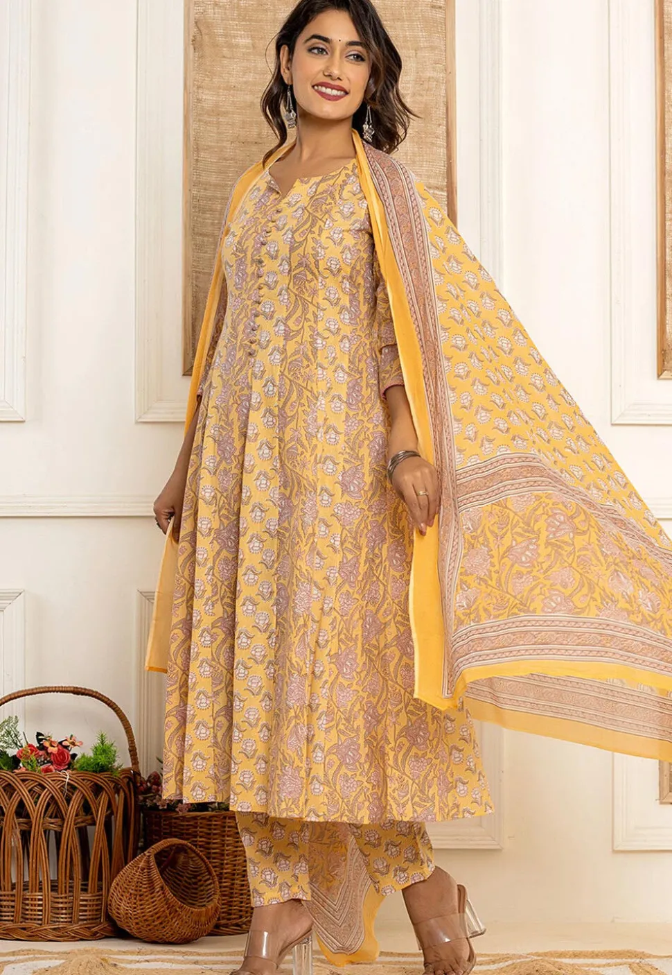 Printed Pure Cotton Anarkali Suit in Yellow