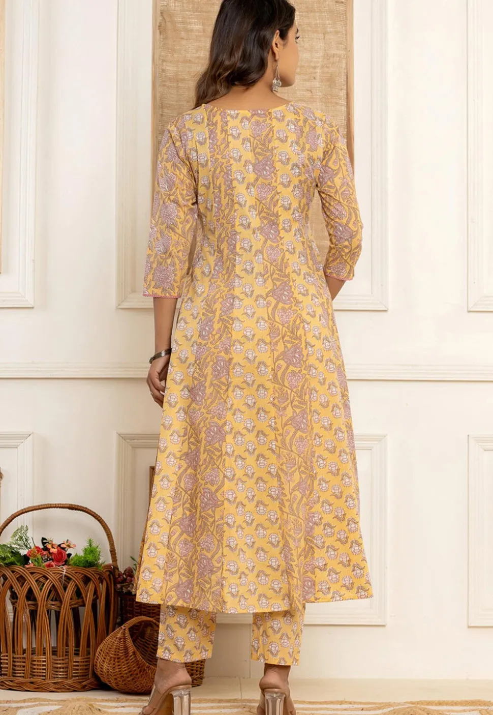Printed Pure Cotton Anarkali Suit in Yellow