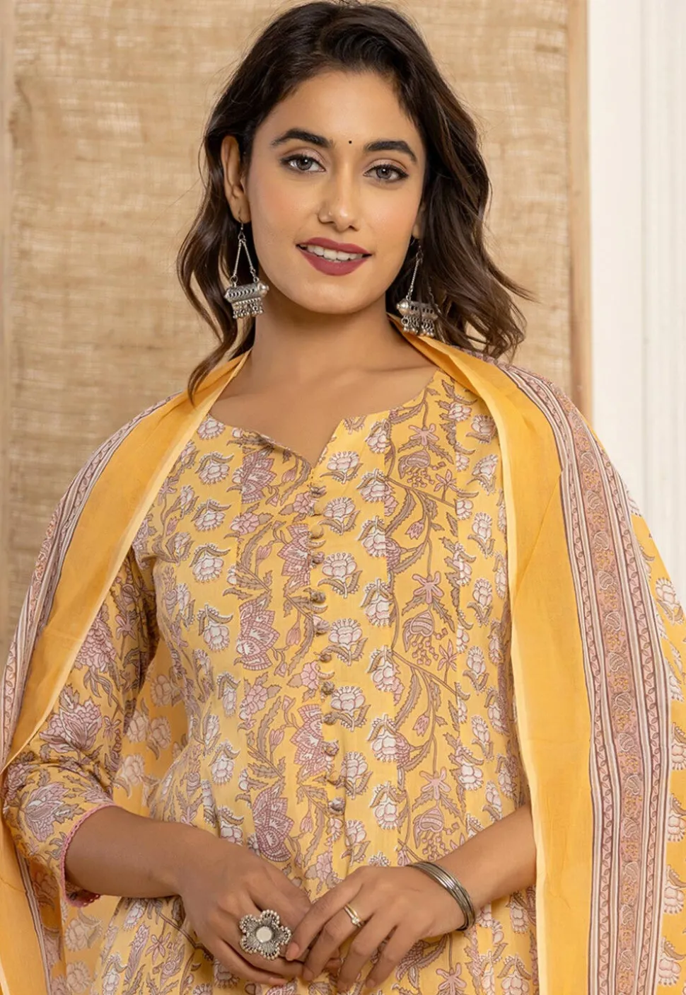 Printed Pure Cotton Anarkali Suit in Yellow