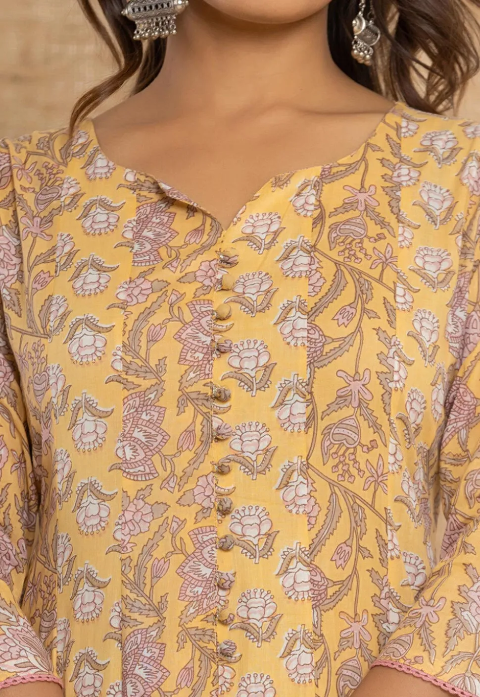 Printed Pure Cotton Anarkali Suit in Yellow