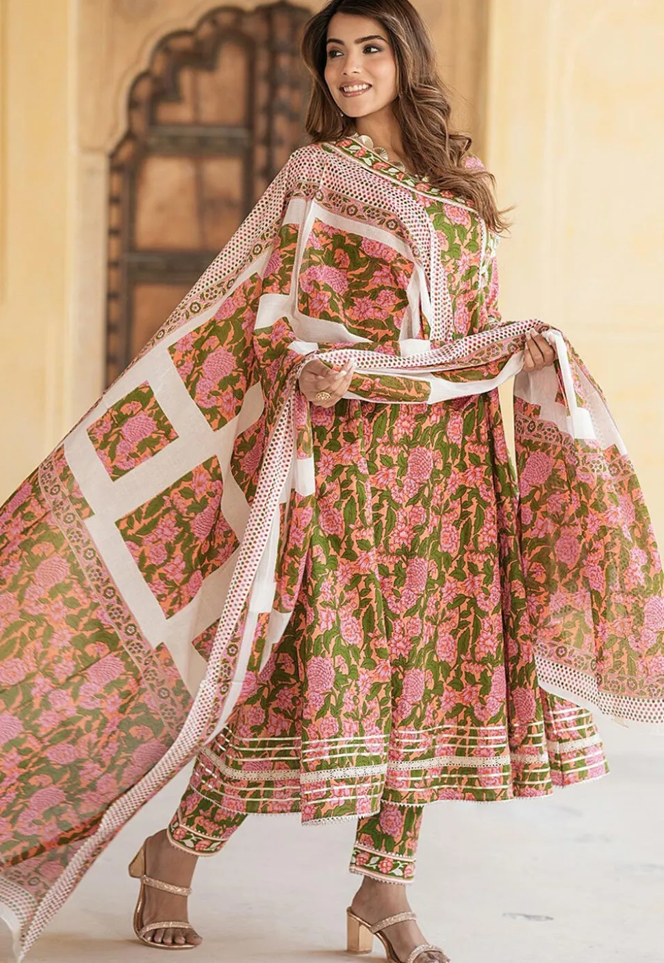 Printed Pure Cotton Anarkali Suit in Peach Orange