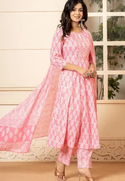 Printed Pure Cotton Anarkali Suit in Pink