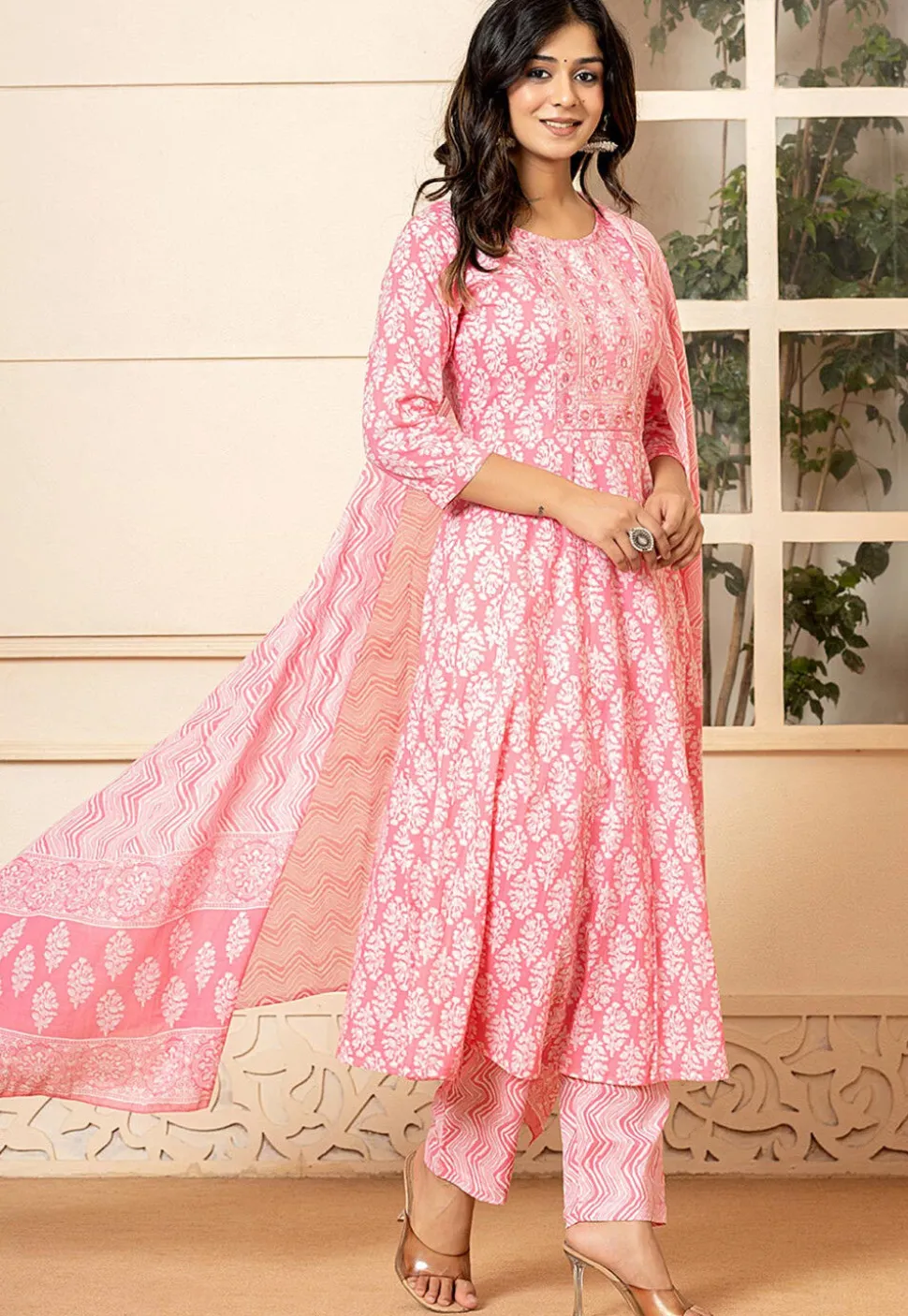 Printed Pure Cotton Anarkali Suit in Pink