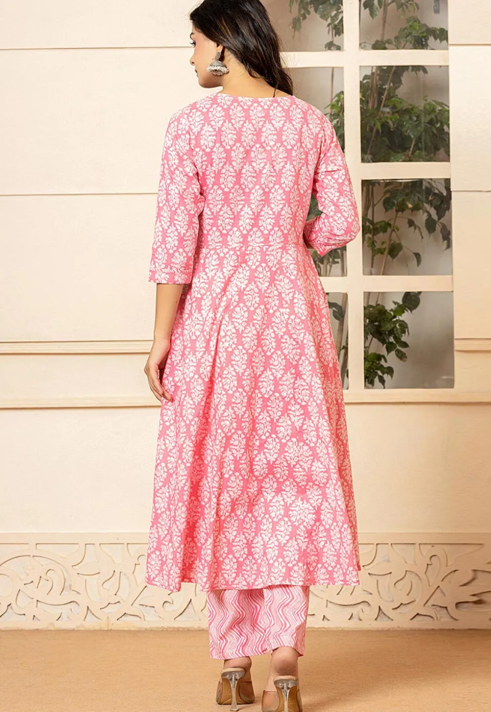 Printed Pure Cotton Anarkali Suit in Pink