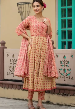Printed Pure Cotton Anarkali Suit in Light Yellow