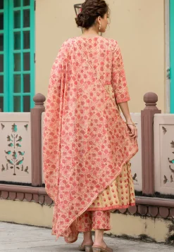Printed Pure Cotton Anarkali Suit in Light Yellow