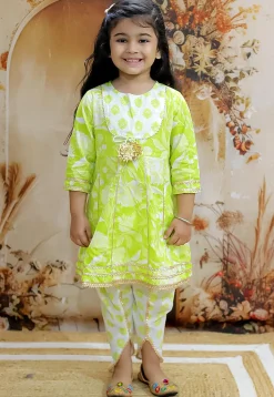 Printed Pure Cotton Anarkali Kurta Set in Light Green