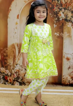 Printed Pure Cotton Anarkali Kurta Set in Light Green