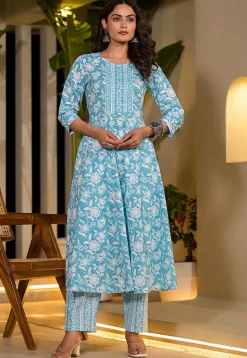 Printed Pure Cotton Anarkali Suit in Sky Blue