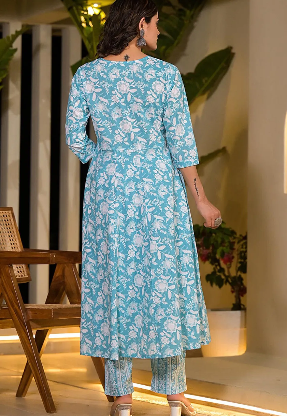 Printed Pure Cotton Anarkali Suit in Sky Blue