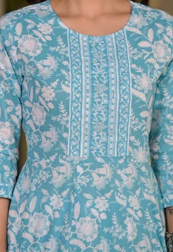 Printed Pure Cotton Anarkali Suit in Sky Blue