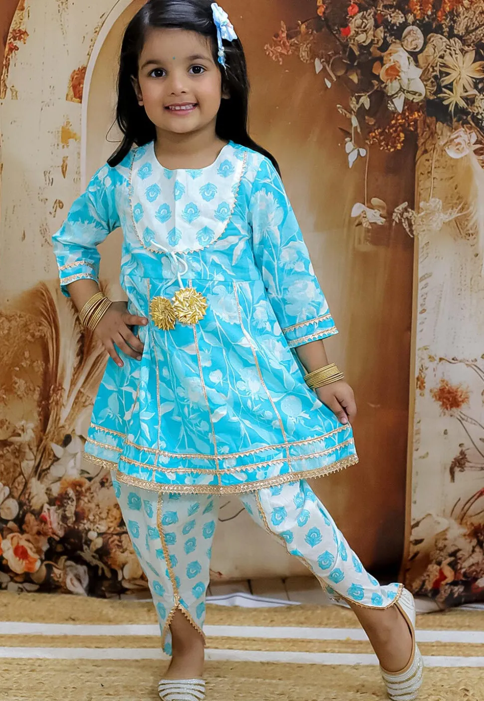 Printed Pure Cotton Anarkali Kurta Set in Blue