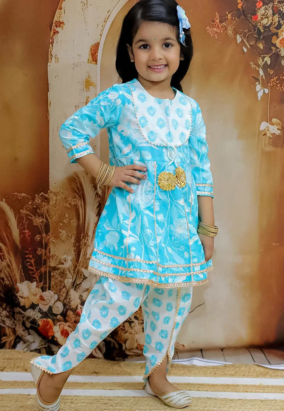 Printed Pure Cotton Anarkali Kurta Set in Blue