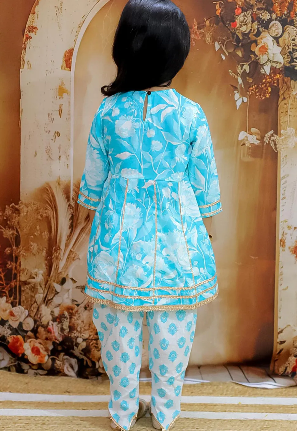 Printed Pure Cotton Anarkali Kurta Set in Blue