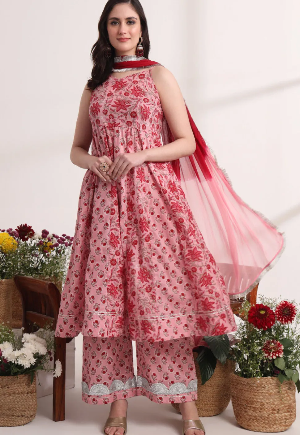 Printed Pure Cotton Anarkali Suit in Pink