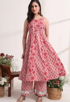 Printed Pure Cotton Anarkali Suit in Pink