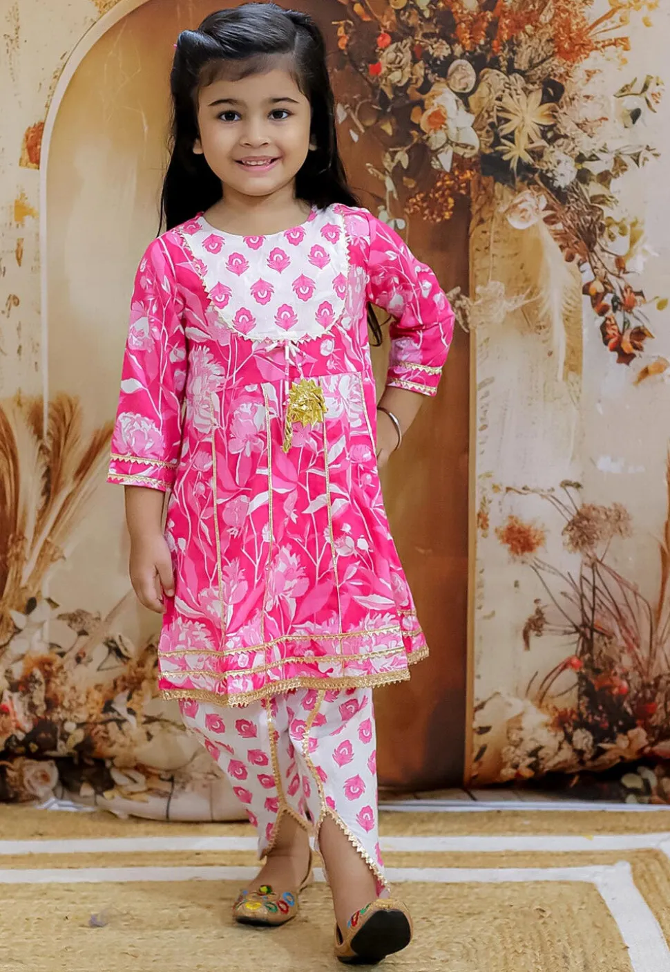 Printed Pure Cotton Anarkali Kurta Set in Dark Pink
