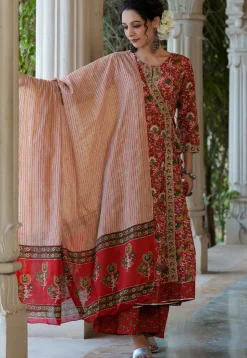 Printed Pure Cotton Angrakha Pakistani Suit in Red