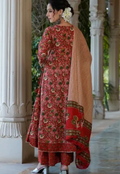 Printed Pure Cotton Angrakha Pakistani Suit in Red
