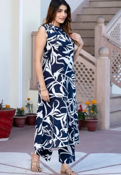 Printed Pure Cotton Co Ord Set in Navy Blue