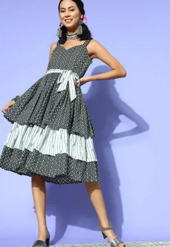 Printed Pure Cotton Dress in Black and Light Green