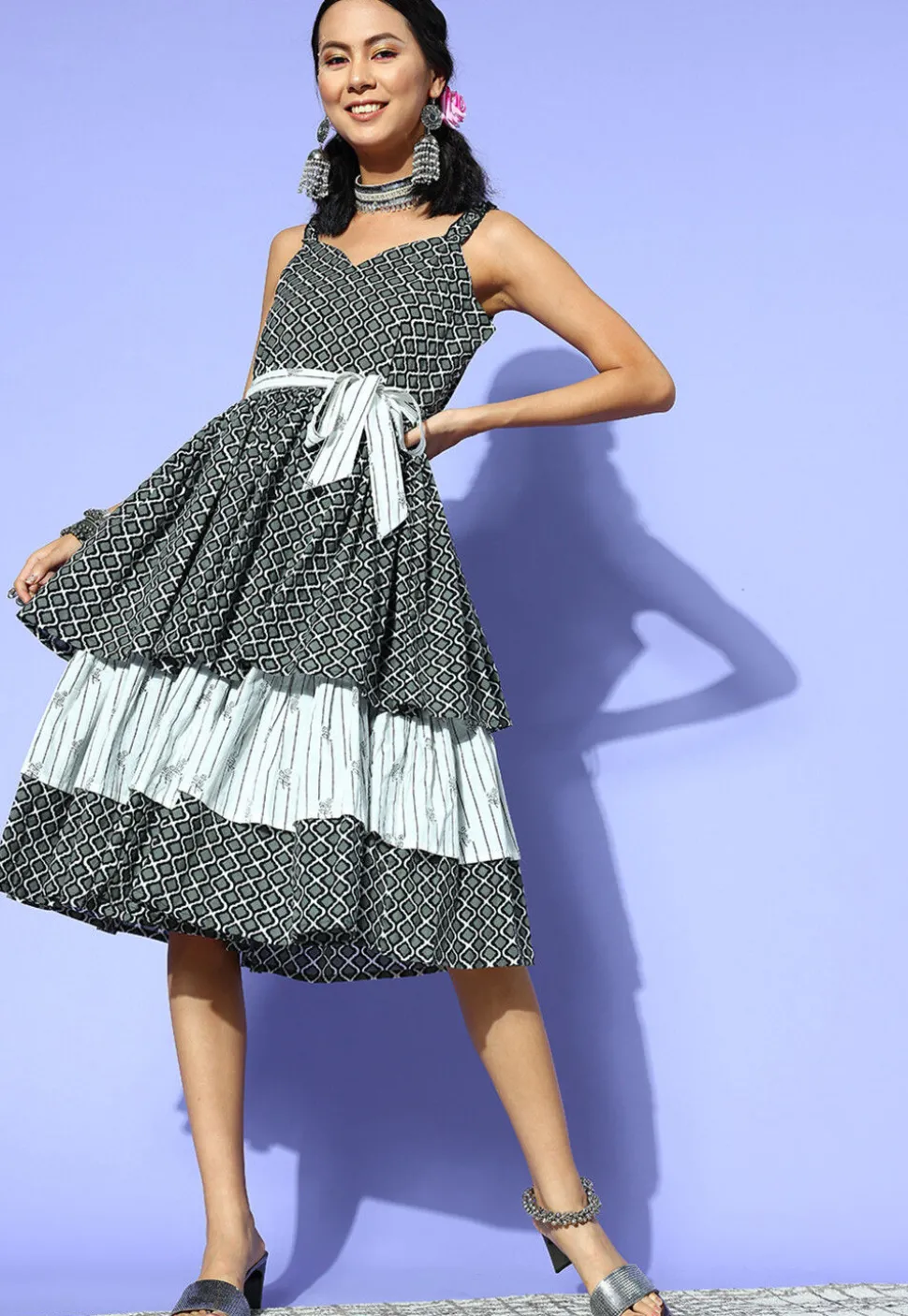 Printed Pure Cotton Dress in Black and Light Green