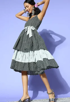 Printed Pure Cotton Dress in Black and Light Green