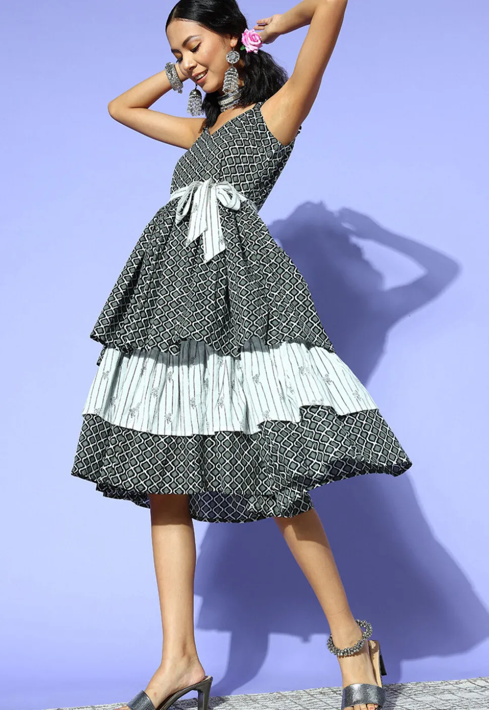 Printed Pure Cotton Dress in Black and Light Green