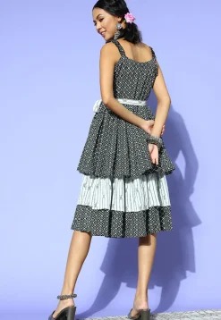 Printed Pure Cotton Dress in Black and Light Green