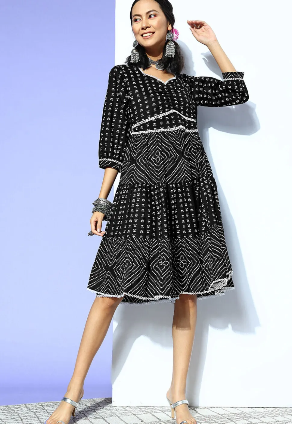 Printed Pure Cotton Dress in Black
