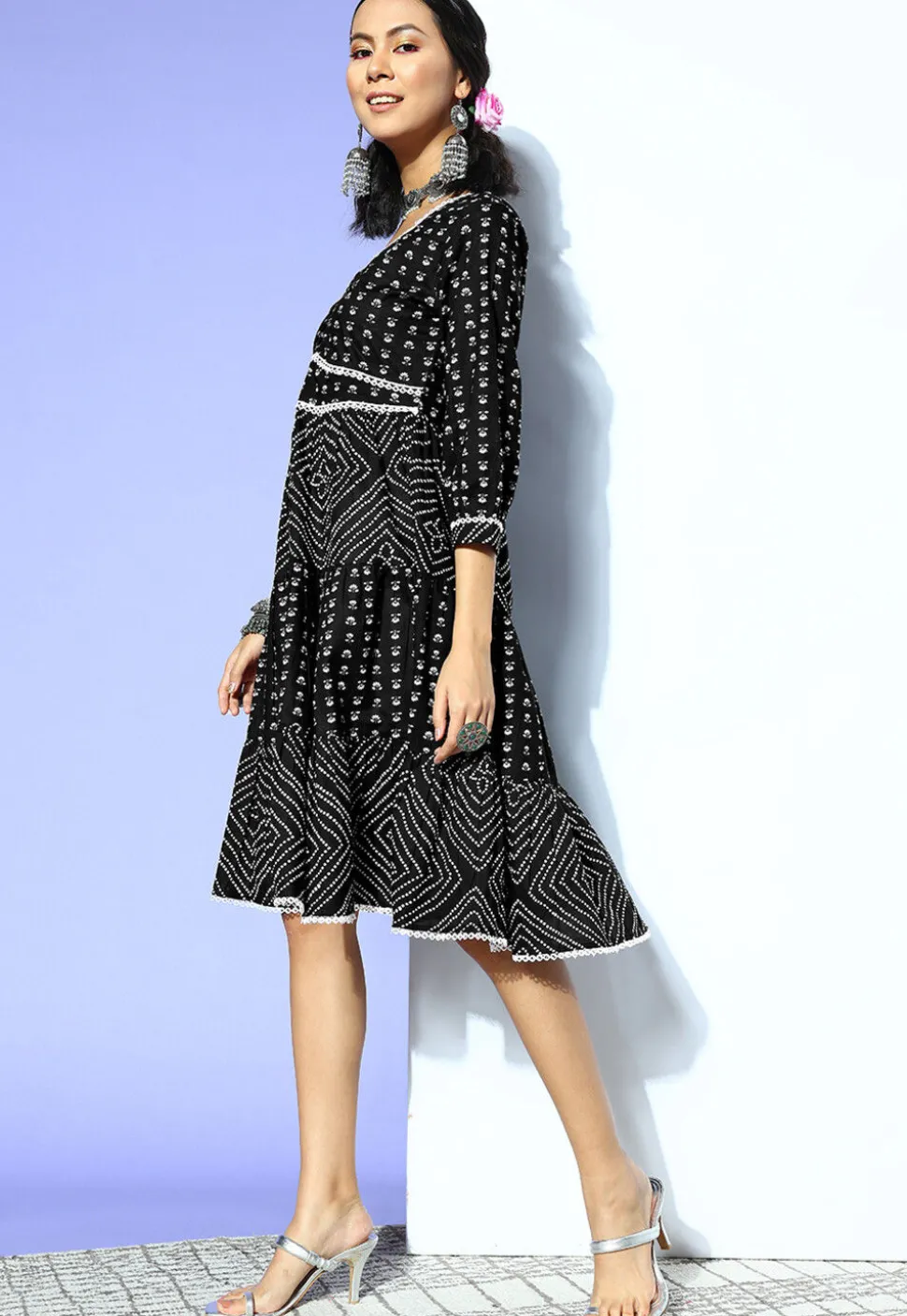 Printed Pure Cotton Dress in Black