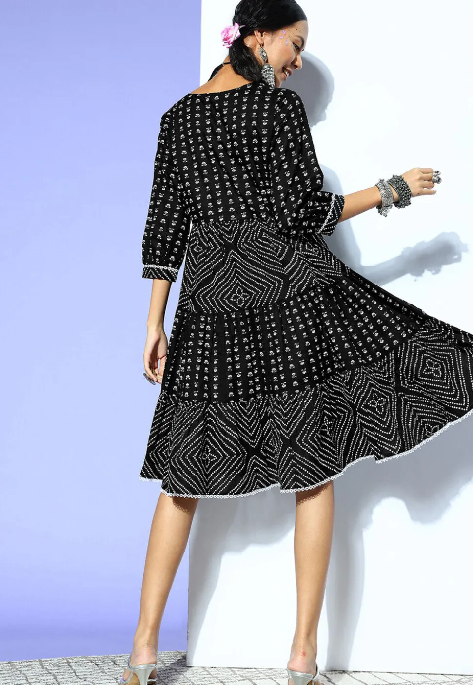 Printed Pure Cotton Dress in Black