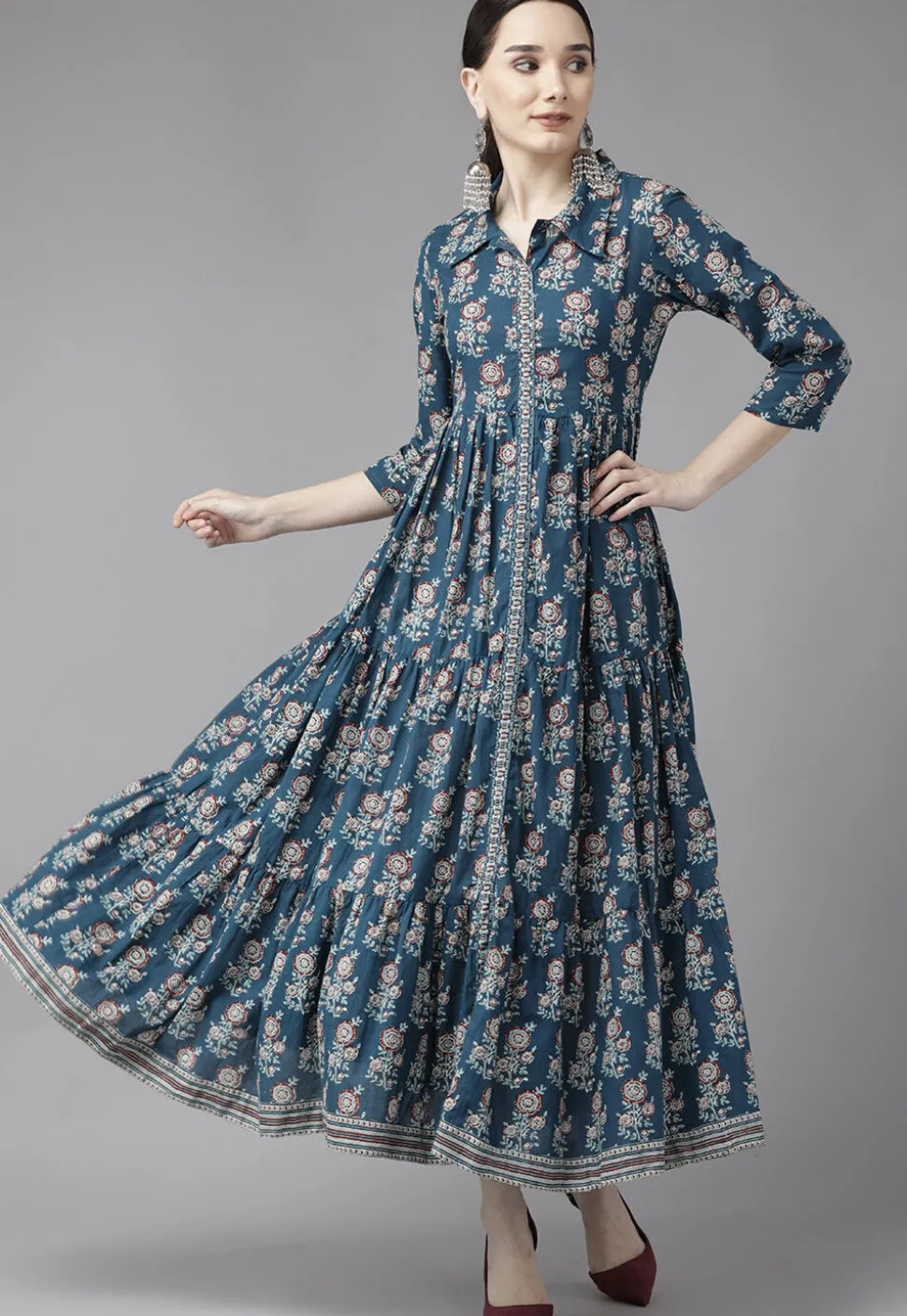 Printed Pure Cotton Dress in Dark Teal Blue