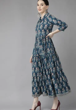 Printed Pure Cotton Dress in Dark Teal Blue