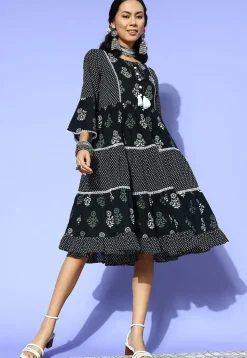 Printed Pure Cotton Dress in Black