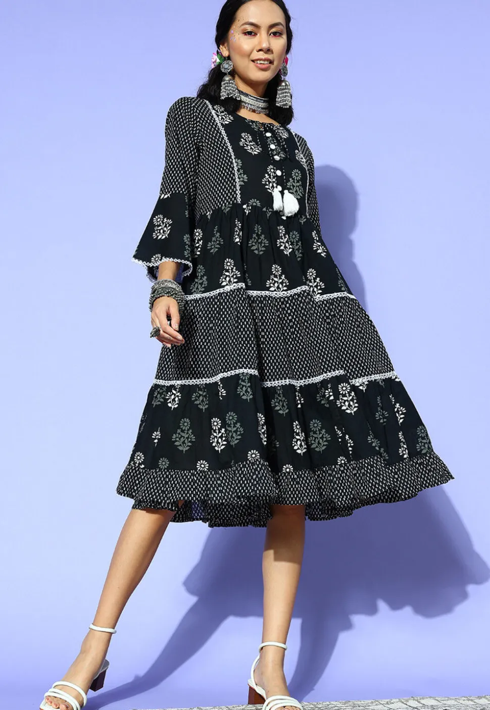 Printed Pure Cotton Dress in Black
