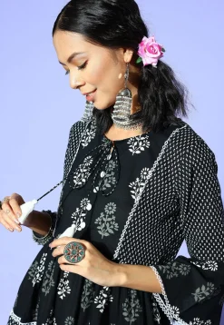 Printed Pure Cotton Dress in Black