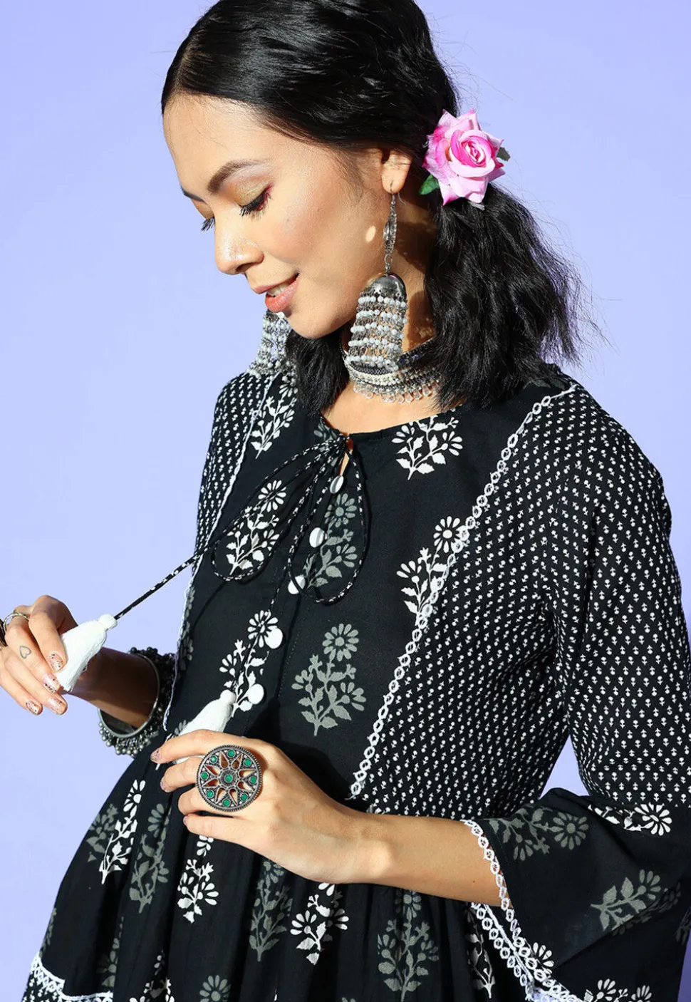 Printed Pure Cotton Dress in Black