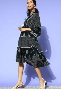 Printed Pure Cotton Dress in Black
