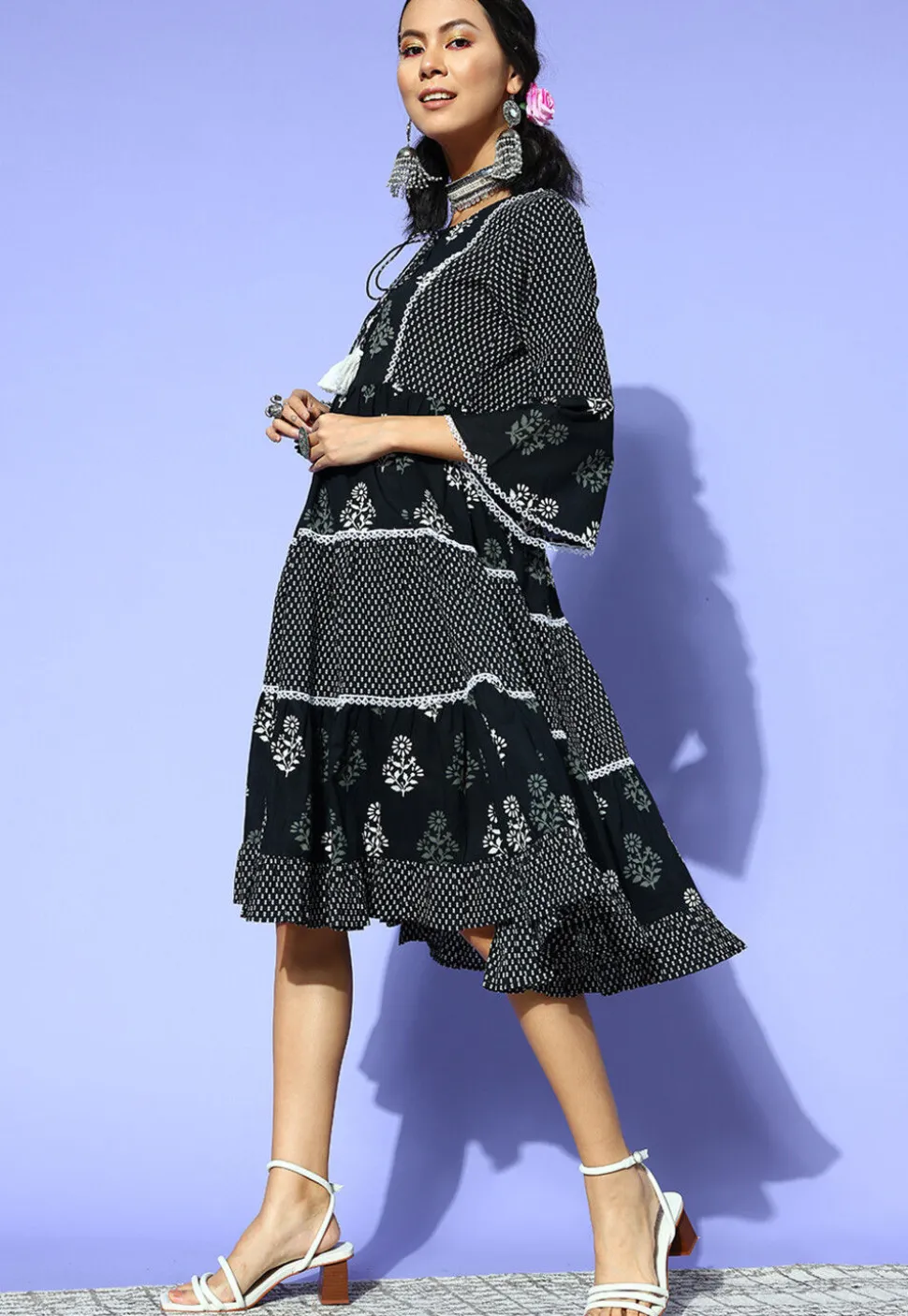 Printed Pure Cotton Dress in Black