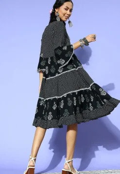 Printed Pure Cotton Dress in Black