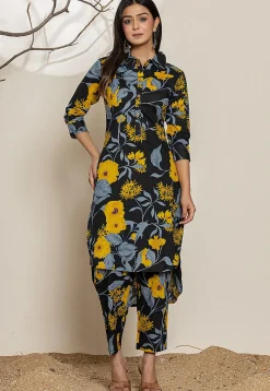 Printed Pure Cotton High Low Kurta Set in Black