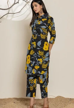 Printed Pure Cotton High Low Kurta Set in Black