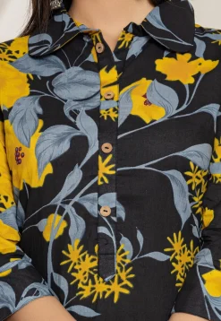 Printed Pure Cotton High Low Kurta Set in Black