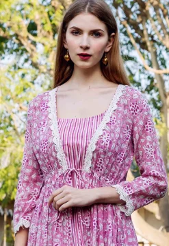 Printed Pure Cotton Inner Midi Dress with Jacket in Pink and White